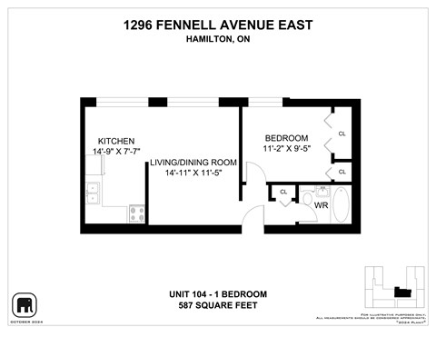 A floor plan for a 1 bedroom unit at 1296 Fennell Avenue East in Hamilton, Ontario.